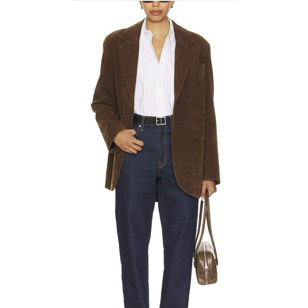 New $198 Free People Faux Suede Vegan Brown Boyfriend Blazer Jacket Size M
